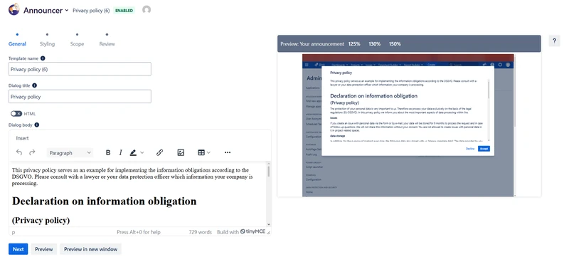 Announcer in Jira Data Center: editing a privacy policy dialog next to a preview of what users see