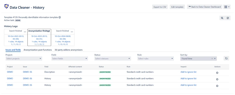 Data Cleaner history in Jira Data Center: credit card numbers anonymized in an issue description and its history