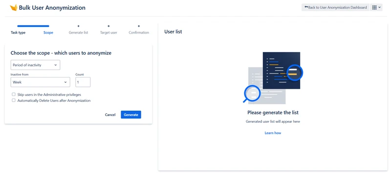 Bulk user anonymization in Jira Data Center: choosing which users to anonymize by period of inactivity